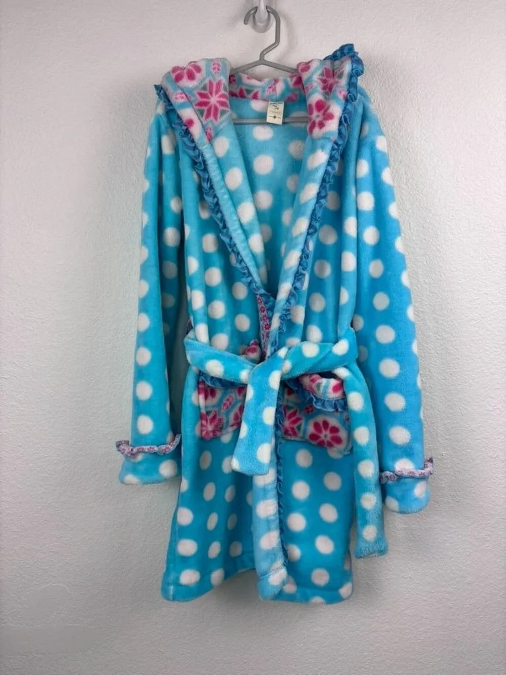 Matilda Jane girls medium blue polka‎ dot fleece bath robe hooded tie front